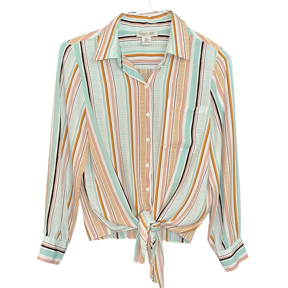 Rachel Zoe Striped Chiffon Tie Front Button Up Blouse Women M Coastal Boho Flowy